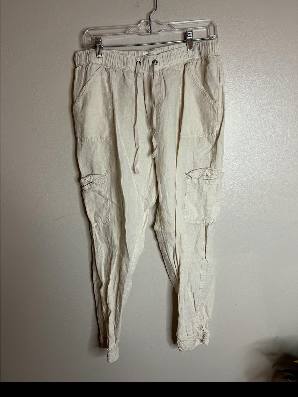 Nicole Miller Pants Womens L Cargo Utility Joggers Lightweight Linen Flax Beige